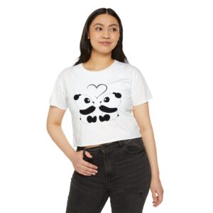 Cute Panda Couple T-Shirt | Minimalist Heart Graphic Top | Kawaii Animal Lover Gift | Aesthetic Black & White Tee for Her